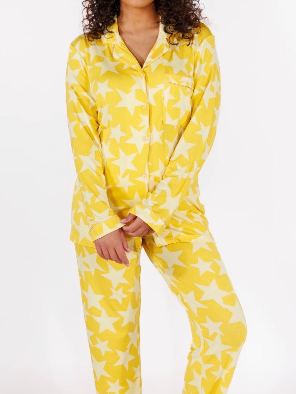 Women’s Yellow Star-Print Pajama Set - Button-Front Lounge PJs